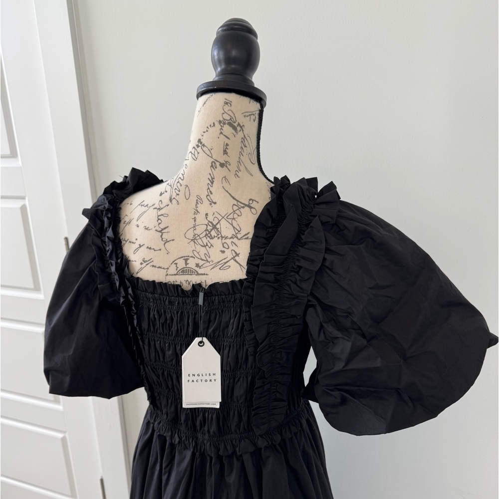 NWT English Factory Puff Sleeve Square Neck Smocked Midi Dress Black Size L - Picture 11 of 15